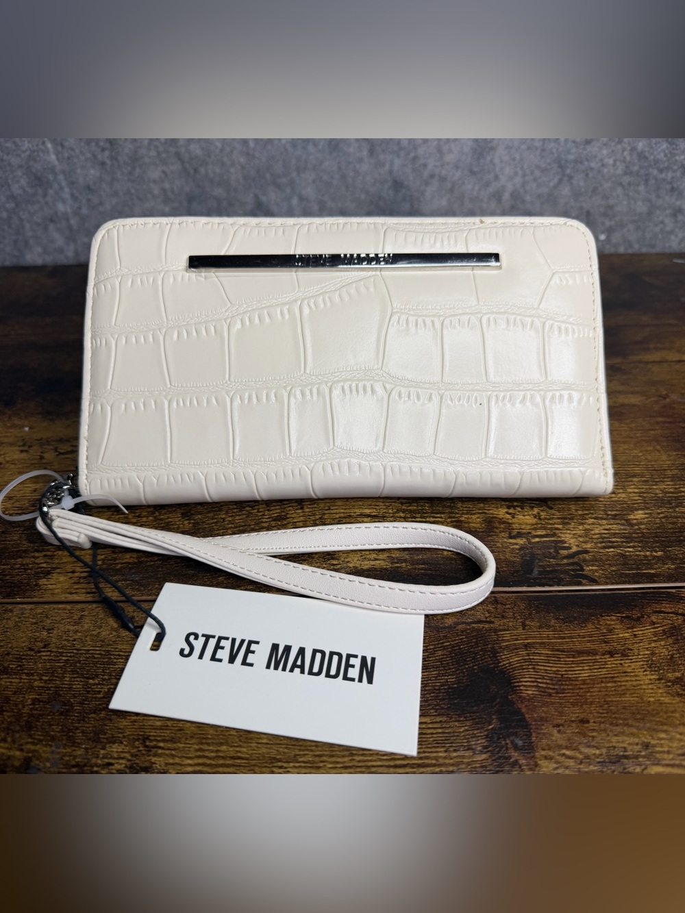 Steve Madden White Croc-Embossed Wristlet with Silver Accent